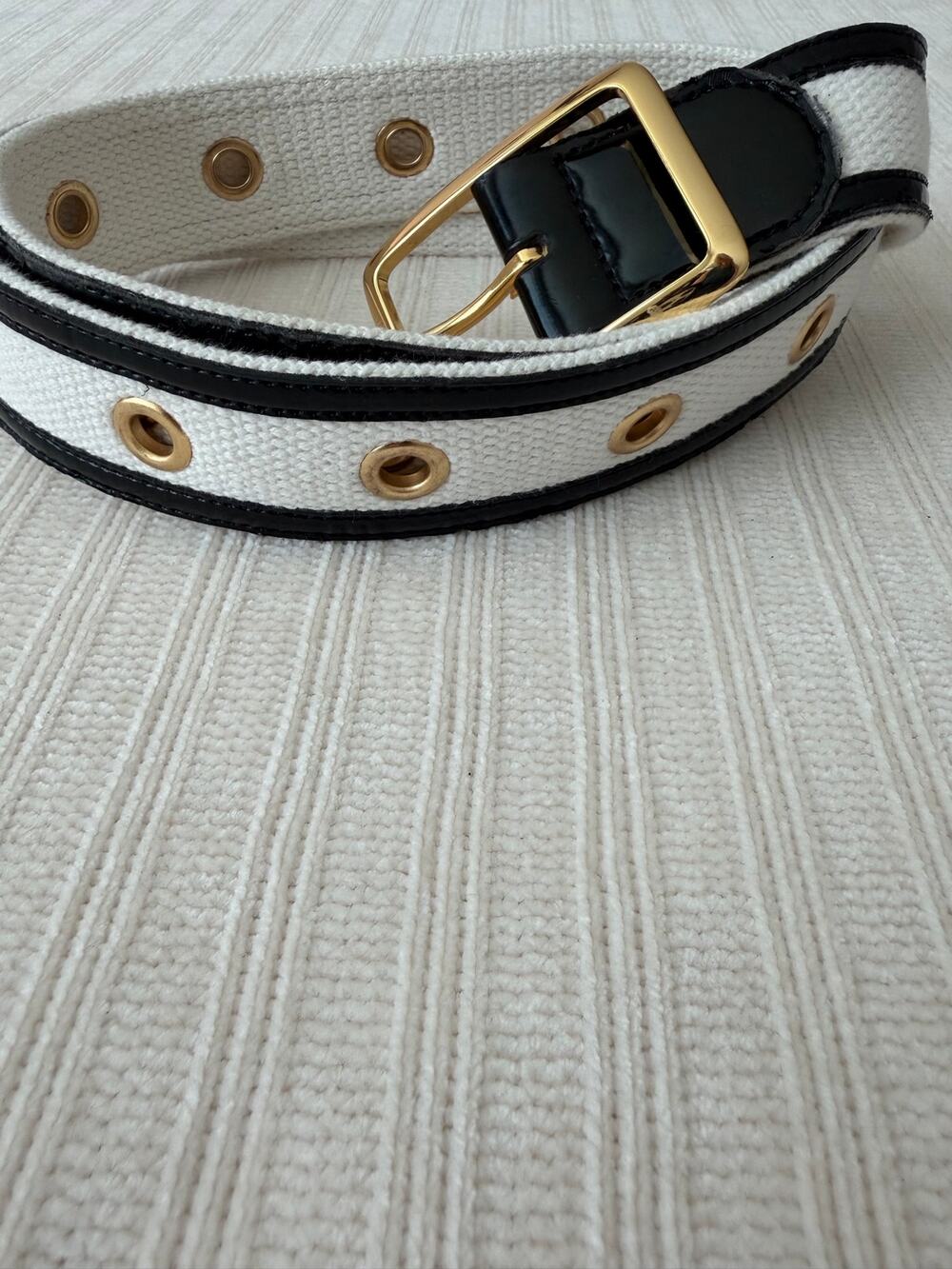 White Canvas Canvas Grommet Belt Gold Buckle Black Leather Trim XL